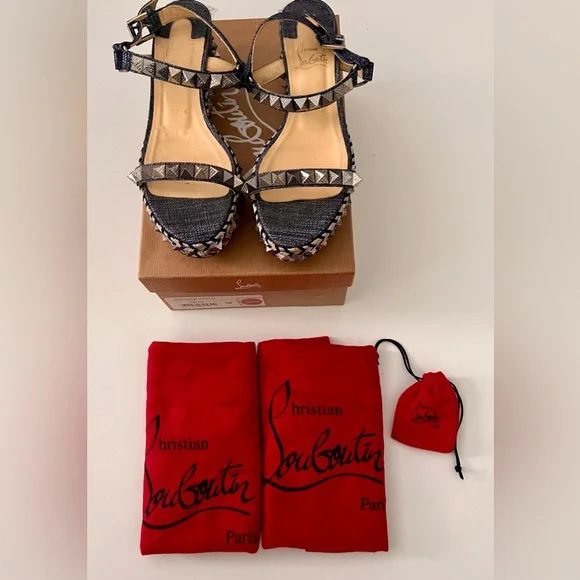 Christian Louboutin Blue DenimPyaclou Studded Ankle Strap Platform Sandals 38 - Picture 9 of 10